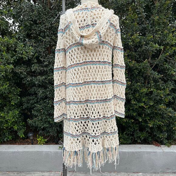 Free People Crochet Sunblock Cardigan Duster Sweater Bohemian Fringe Hippie - Picture 3 of 7